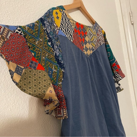 Umgee Dress Womens XL Blue Patchwork Flutter Sleeve w/ Pockets Boho Beach Hippie - Picture 6 of 11